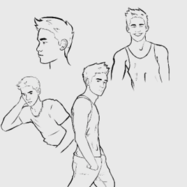 The image presents four sketches of a male comic book character named Caiubi. The drawings, in sketch style, show Caiubi in different poses and expressions. In the top sketch, Caiubi is seen in profile with a serious look. In the adjacent drawing, he is smiling and facing the viewer. The sketch on the lower left shows Caiubi with his hand on his head, displaying a thoughtful or frustrated posture. The last drawing on the lower right portrays him walking, with a confident and relaxed expression. Caiubi has short hair and is wearing a sleeveless t-shirt, highlighting an athletic physique. These illustrations are likely character studies, exploring his appearance and body language for use in a comic book.